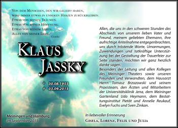 Traueranzeige von Klaus Jassky von Südthüringer Presse