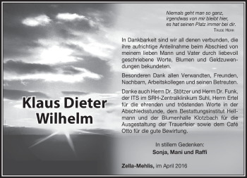 Traueranzeige von Klaus Dieter Wilhelm von Südthüringer Presse