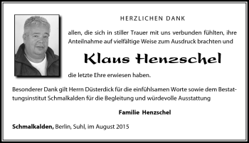 Traueranzeige von Klaus Henschel von Südthüringer Presse