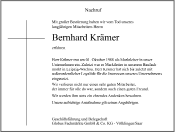 Traueranzeige von Bernhard Krämer von Südthüringer Presse