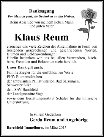 Traueranzeige von Klaus Reum von Südthüringer Presse