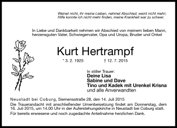 Traueranzeige von Kurt Hertrampf von Neue Presse Coburg