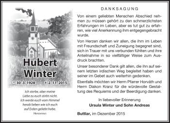 Traueranzeige von Hubert Winter von Südthüringer Presse