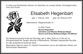 Traueranzeige von Elisabeth Hegenbart von Frankenpost