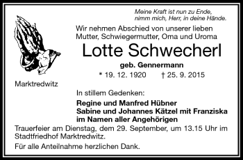 Traueranzeige von Lotte Schwecherl von Frankenpost
