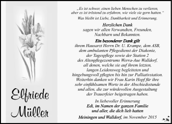 Traueranzeige von Elfriede Müller von Südthüringer Presse