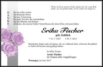 Traueranzeige von Erika Fischer von Südthüringer Presse