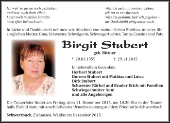 Traueranzeige von Birgit Stubert von Südthüringer Presse