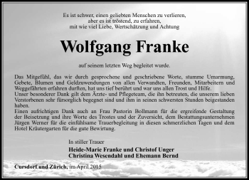 Traueranzeige von Wolfgang Franke von Südthüringer Presse