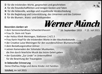 Traueranzeige von Werner Münch von Südthüringer Presse