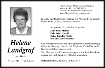 Traueranzeige von Helene Landgraf von Südthüringer Presse