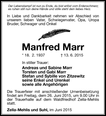 Traueranzeige von Manfred Marr von Südthüringer Presse