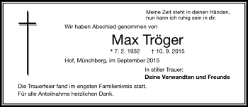Traueranzeige von Max Tröger von Frankenpost