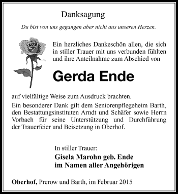 Traueranzeige von Gerda Ende von Südthüringer Presse