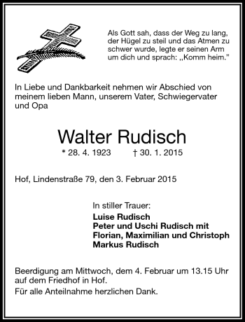Traueranzeige von Walter Rudisch von Frankenpost