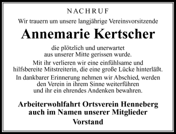 Traueranzeige von Annemarie Kertscher von Südthüringer Presse