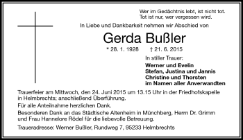 Traueranzeige von Gerda Bußler von Frankenpost