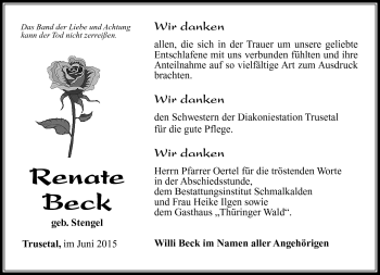 Traueranzeige von Renate Beck von Südthüringer Presse