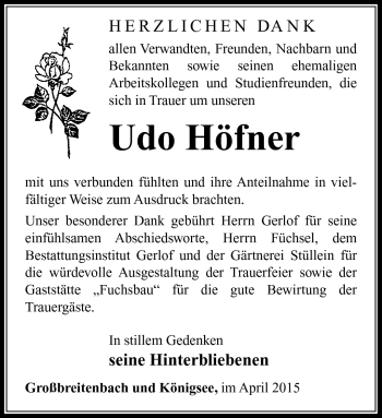 Traueranzeige von Udo Höfner von Südthüringer Presse