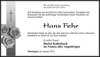 Traueranzeige von Hans Fehr von Südthüringer Presse