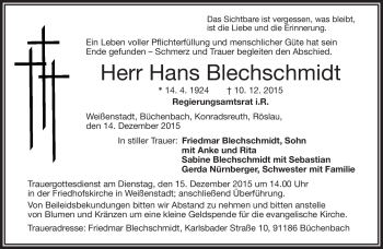 Traueranzeige von Hans Blechschmidt von Frankenpost