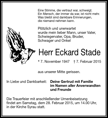 Traueranzeige von Eckard Stade von Frankenpost