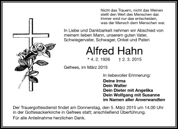 Traueranzeige von Alfred Hahn von Frankenpost