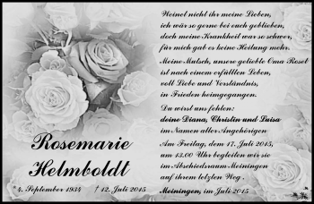 Traueranzeige von Rosemarie Helmboldt von Südthüringer Presse