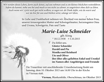 Traueranzeige von Marie-Luise Schneider von Südthüringer Presse