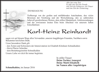 Traueranzeige von Karl-Heinz Reinhardt von Südthüringer Presse
