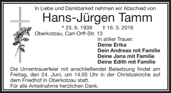 Traueranzeige von Hans-Jürgen Tamm von Frankenpost