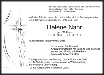 Traueranzeige von Helene Nahr von Frankenpost