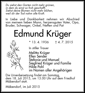 Traueranzeige von Edmund Krüger von Südthüringer Presse