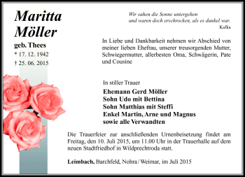 Traueranzeige von Maritta Möller von Südthüringer Presse
