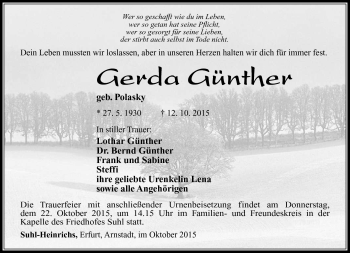 Traueranzeige von Gerda Günther von Südthüringer Presse