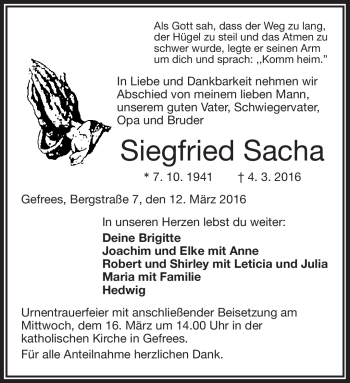 Traueranzeige von Siegfried Sacha von Frankenpost