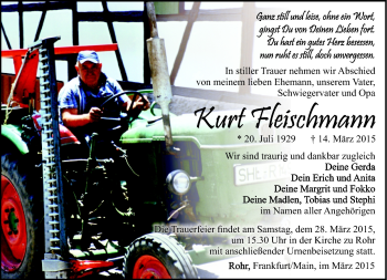 Traueranzeige von Kurt Fleischmann von Südthüringer Presse