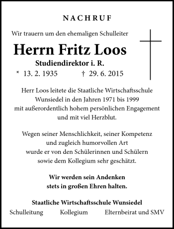 Traueranzeige von Fritz Loos von Frankenpost