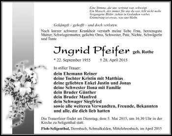 Traueranzeige von Ingrid Pfeifer von Südthüringer Presse