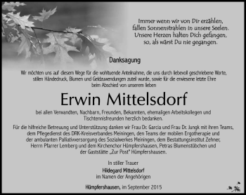 Traueranzeige von Erwin Mittelsdorf von Südthüringer Presse