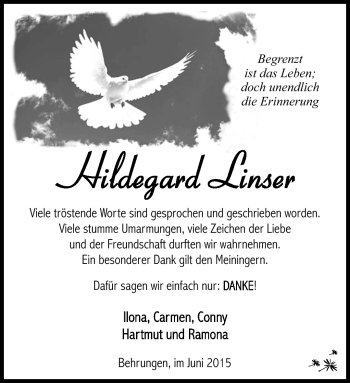 Traueranzeige von Linser Hildegard von Südthüringer Presse
