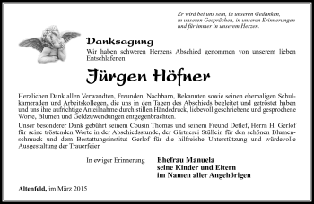 Traueranzeige von Jürgen Höfner von Südthüringer Presse