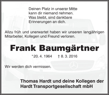 Traueranzeige von Frank Baumgärtner von Südthüringer Presse