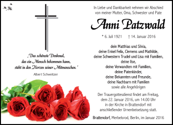 Traueranzeige von Anna Maria Patzwald von Südthüringer Presse
