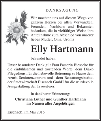 Traueranzeige von Elly Hartmann von Südthüringer Presse