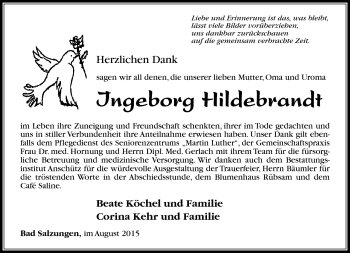 Traueranzeige von Ingeborg Hildebrandt von Südthüringer Presse
