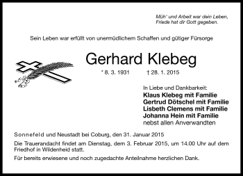 Traueranzeige von Gerhard Klebeg von Neue Presse Coburg