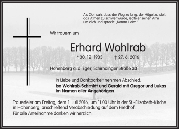 Traueranzeige von Erhard Wohlrab von Frankenpost