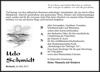 Traueranzeige von Udo Schmidt von Südthüringer Presse