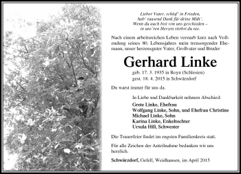 Traueranzeige von Gerhard Linke von Südthüringer Presse